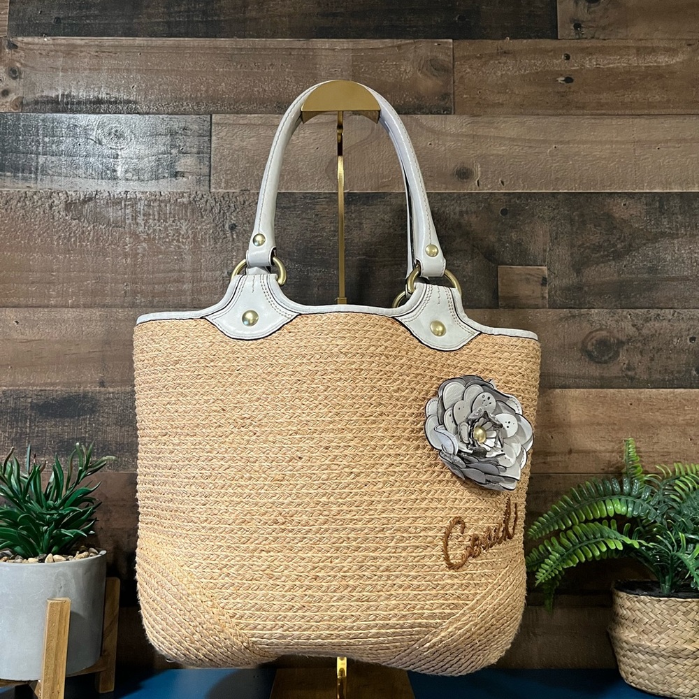 Coach Bleeker Tote Bag Straw Woven White Leather Flower Vacation Y2K Cruise